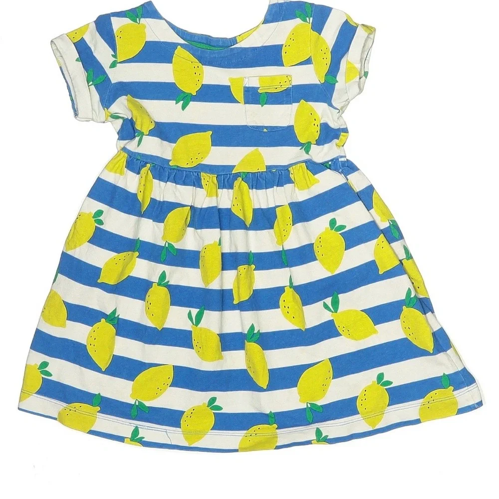 Mini Boden Girls Lemon Print Dress Blue White Striped Summer Outfit Cute Sz 4-5